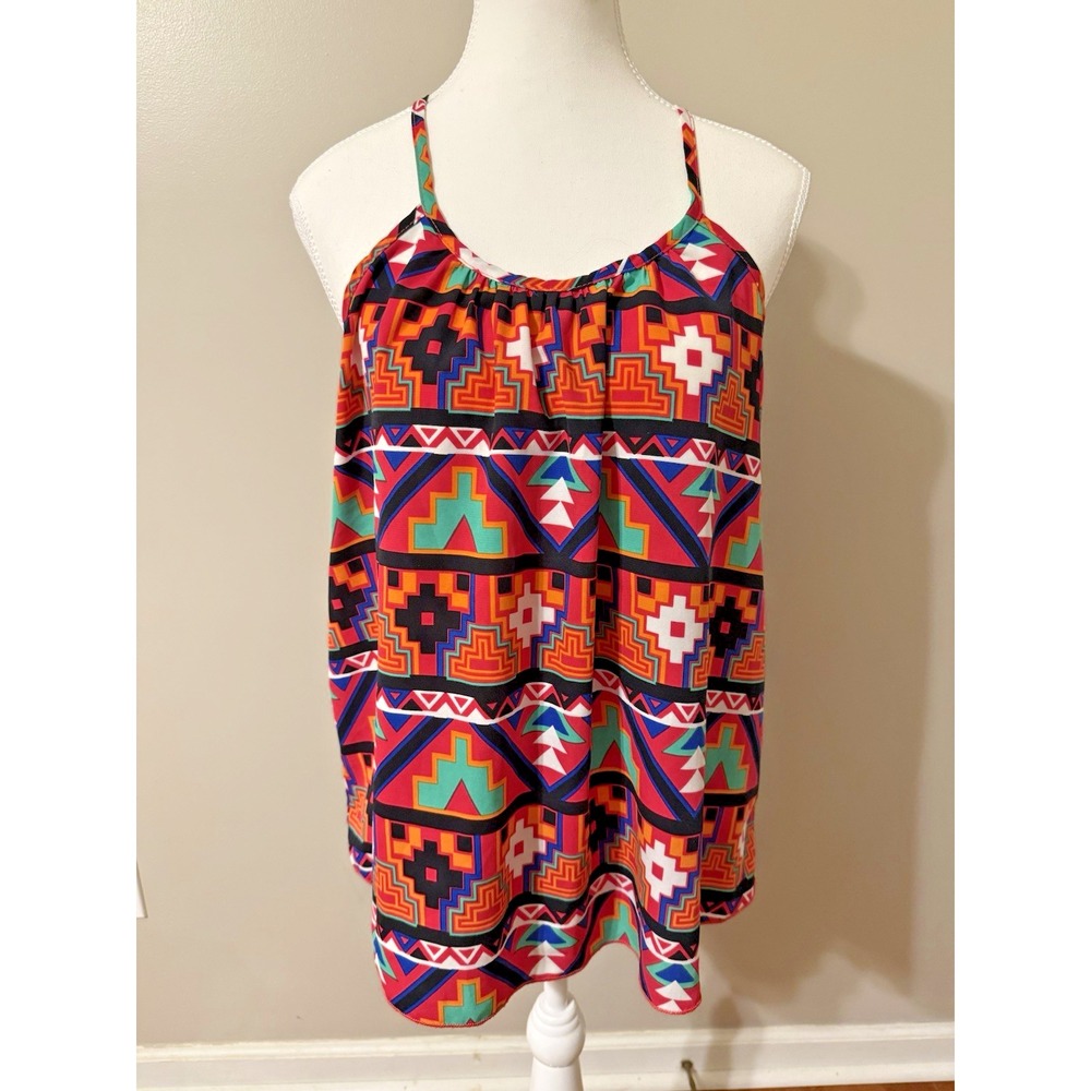 Reborn J Sleeveless MulticolorAztec Print Tank Top Blouse Women's Size Medium